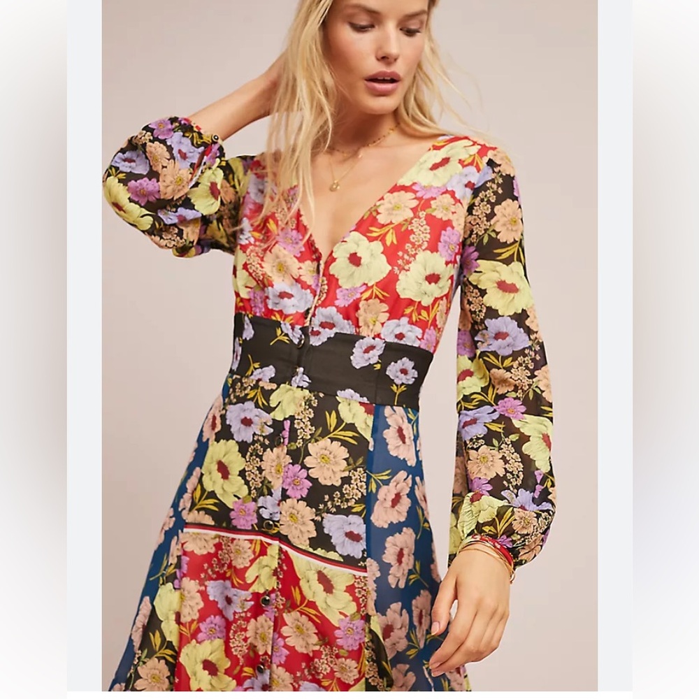 Anthropologie Maeve Multicolor Floral Patchwork Midi Dress Sz 8